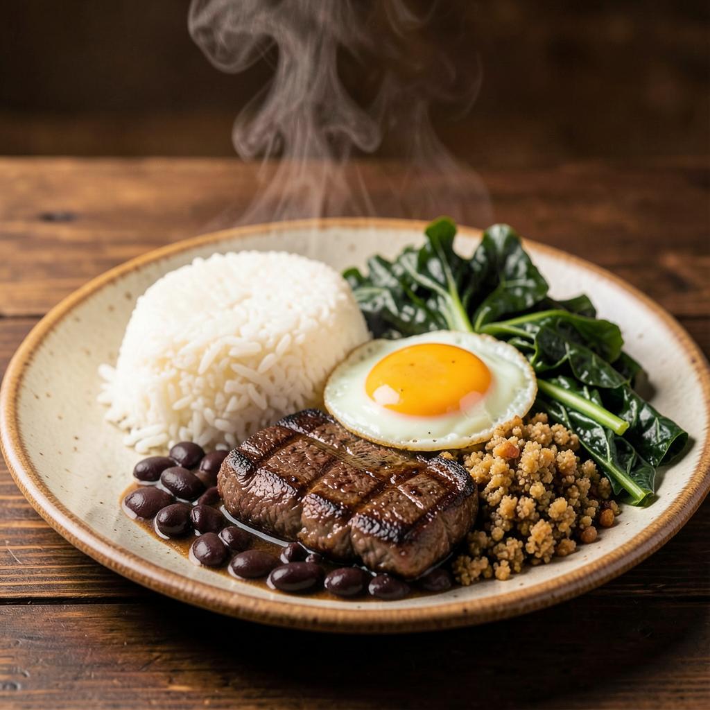 Prato executivo brasileiro com arroz, feijão e carne